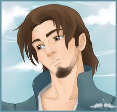 a man with long hair and beard standing in front of a blue sky holding his hand to his face