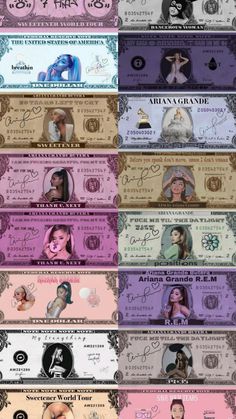 many different types of paper money are stacked on top of each other, with one woman's face in the center