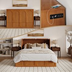 a bed room with a neatly made bed and wooden furniture