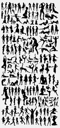 silhouettes of people in various poses and positions, all with their arms spread out