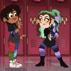 two cartoon characters standing next to each other in front of a red wall and door