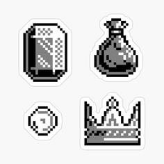 four pixelated stickers with different types of items on them, including a bottle and a