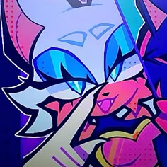 an abstract painting of a cat with blue eyes and pink ears, on a purple background