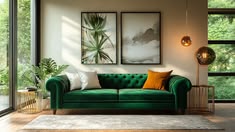a living room with green couches and art on the wall above them, along with two large windows