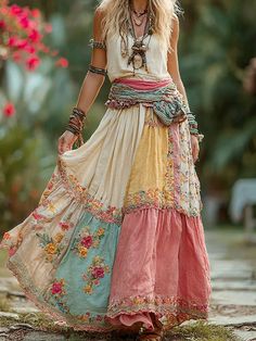 Bohemian Midi Dress With Floral Patchwork, Bohemian Cotton Dress With Floral Patchwork, Hippie Dress With Floral Patchwork For Festival, Flowy Multicolor Floral Patchwork Dress, Festive Bohemian Patchwork Dress, Bohemian Multicolor Patchwork Dress, Pink Bohemian Dress With Lace Patchwork, Vintage Floral Patchwork Dress, Hippie Multicolor Floral Patchwork Dress