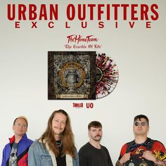 three men standing next to each other in front of a sign that says urban outfitters exclusive
