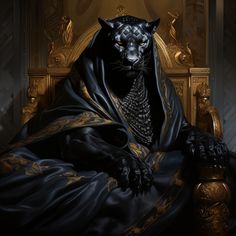 a black panther sitting on top of a golden chair