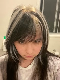 Skunk Hait, Black And Blonde Streaks Hair, Dyed Section Of Hair, Top Layer Dyed Hair, Skunk Hair Colors, Frosted Tips On Long Hair, Bleached Hair Strands, Strands Of Hair Dyed, Unique Hair Highlights