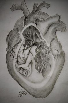 a pencil drawing of a heart with two people hugging it's sides and the words,