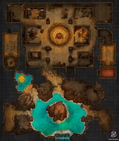 an overhead view of a map with blue water in the middle and brown rocks around it