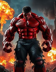 the incredible hulk is standing in front of a huge explosion of fire and flames, with his hands on his hips