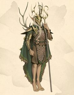 a drawing of a man dressed in armor and holding a staff with antlers on his head