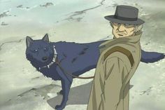 a man in a hat and coat with a wolf on his back, standing next to him