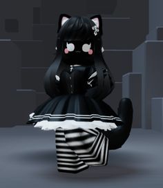 a black cat sitting on top of a white and black striped dress in front of a dark background