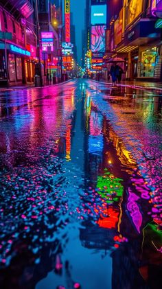 a city street with neon lights reflecting off the wet ground and buildings in the background