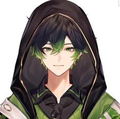 an anime character with green hair wearing a hoodie and black shirt, looking at the camera