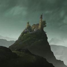 a castle sitting on top of a mountain under a cloudy sky with rain coming down