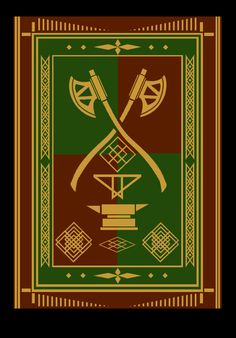 an art nouveau style poster with two axes and other items in the center, on a black background