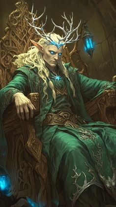 a man sitting on top of a chair covered in antlers and glowing blue eyes