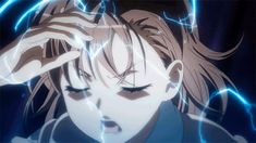 an anime character holding her head in front of lightning