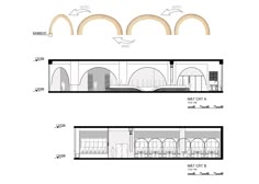 two diagrams showing different sections of a building with arches on each side and an arched doorway at the top