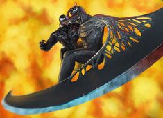 a man riding on the back of a giant black monster with wings and claws in front of an orange background