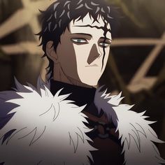 a man with black hair and blue eyes wearing a white fur coat looking at the camera