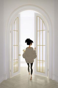 a woman walking into an open door with her back to the camera, in front of two arched doors