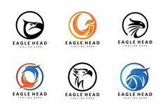 six eagle head logos in different colors and styles, each with an eagle's head