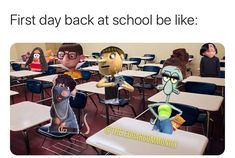 the first day back at school be like cartoon characters sitting in desks with their teacher