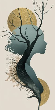 a woman's head with trees growing out of it and the moon in the background