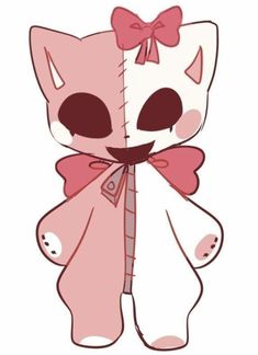 a cartoon cat with a pink bow on its head and tail, standing in front of a