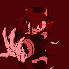 an anime character with red eyes and black hair, holding her hand up in the air