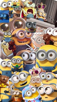a collage of minion pictures with many different faces