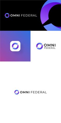 the logo for omni federal is shown in purple and blue colors, with an oval shape