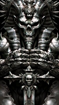 an image of a demonic demon with two swords in front of him and his skull on the other side