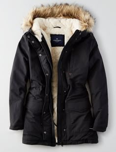 Cute Parkas, Warm Black Parka For Fall, Black Hooded Parka For Cold Weather, Black Parka With Drawstring Hood For Cold Weather, Black Parka With Faux Fur Lining For Cold Weather, Military Style Parka With Adjustable Hood For Cold Weather, Military Style Parka With Double-lined Hood For Winter, American Eagle Winter Jacket, Cold Weather Parka With Faux Fur Lining