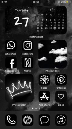 an iphone screen with icons on it and the clock displayed in black and white colors