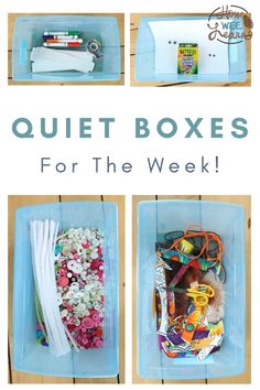 four pictures with the words quiet boxes for the week