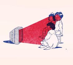 two people sitting on a bench in front of a red wall with a tv screen