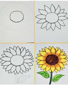 four pictures with sunflowers drawn on them and one has a circle in the middle
