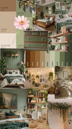 a collage of green and brown bedroom decor with flowers on the dressers, bedding