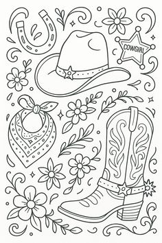 a coloring page with cowboy boots, flowers and other things to color on the page