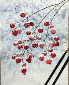 the painting is done with watercolors on paper and has red berries hanging from it