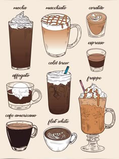 Mocha, macchiato, cortado, affogato, cold brew, espresso, frappe, flat white, cafe americano Mocha Macchiato, Macchiato Recipe, Café Starbucks, Coffee Doodle, Cafe Americano, Cafe Menu Design, Homemade Recipe Books, Americano Coffee, Kawaii Dessert