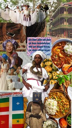 the collage has pictures of people in different countries and their cuisines on it