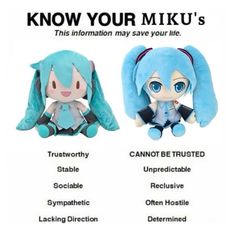 two stuffed animals are shown with the words know your miku's and information may save your life