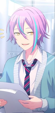 an anime character with pink hair holding a piece of paper