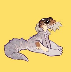 a drawing of a lizard with glasses on its head and tail, sitting in front of a yellow background
