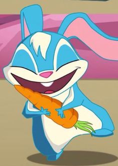 a cartoon character holding a carrot in his right hand and smiling at the camera,